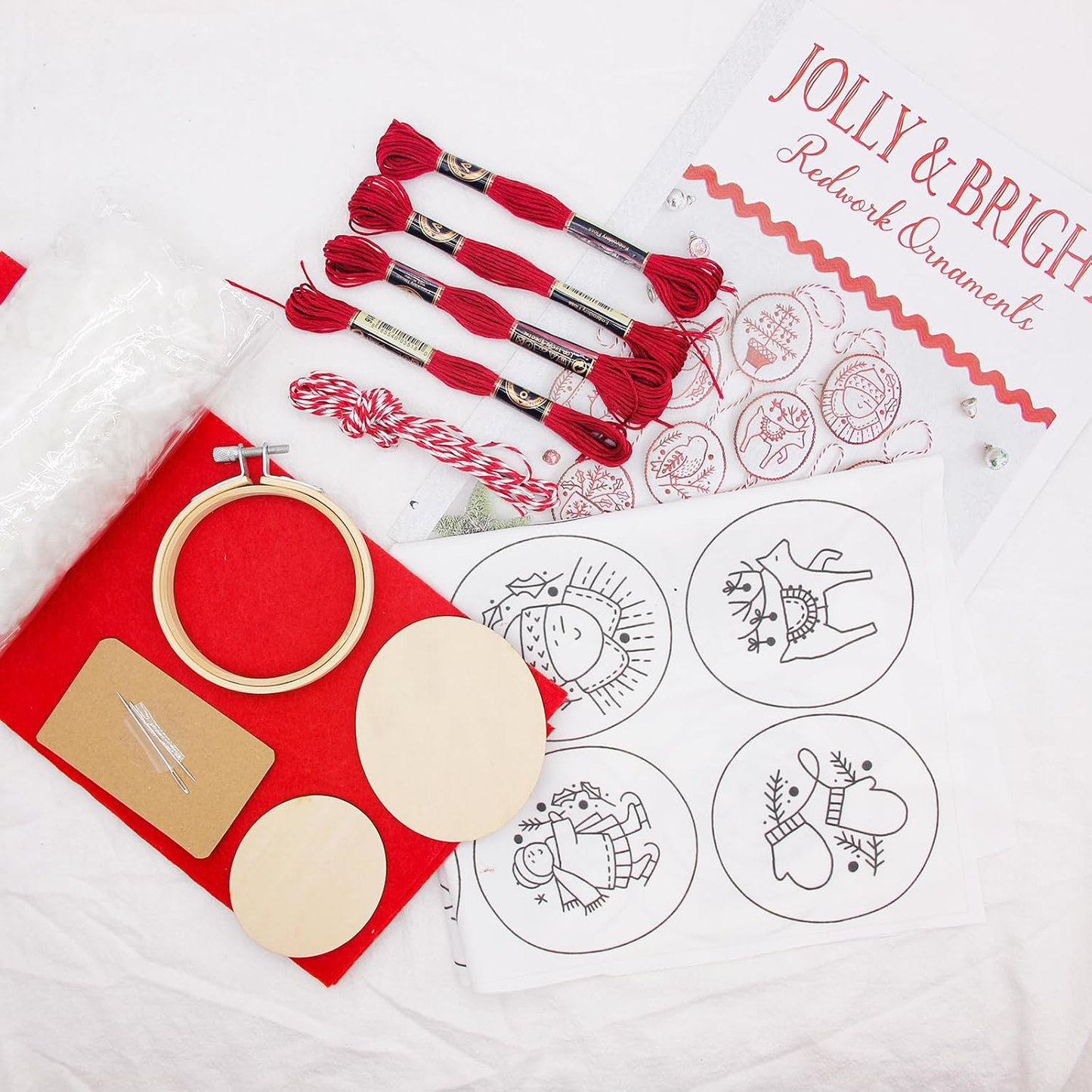 Jolly and Bright Hand Embroidery Christmas Ornaments Kit, Christmas Embroidery Kits for Adults, Hand Embroidery Kit for Beginners