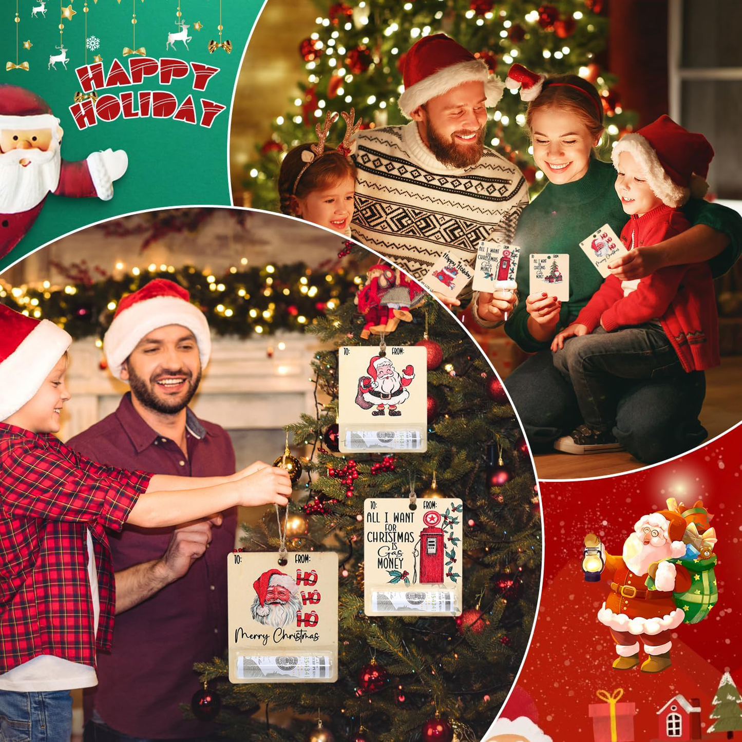 7 Pcs Christmas Money Holders Gift for Cash, Funny Wooden Christmas Wallet, Happy Santa Christmas Money Dispenser, with Blessing Christmas Tree Charm Hanging