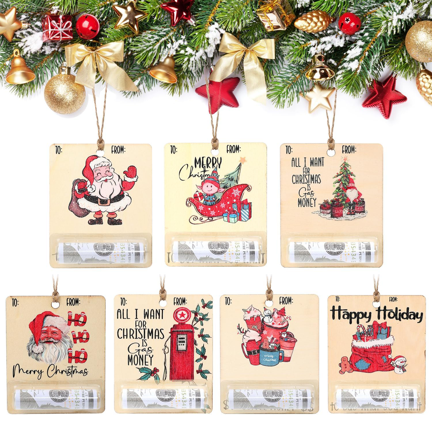 7 Pcs Christmas Money Holders Gift for Cash, Funny Wooden Christmas Wallet, Happy Santa Christmas Money Dispenser, with Blessing Christmas Tree Charm Hanging