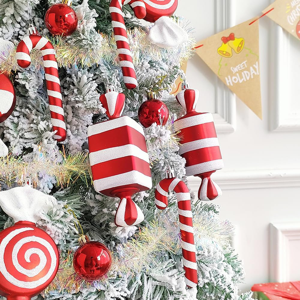 Christmas Candy Cane Lollipop Ornaments for Christmas Tree Decorations, Red and White 6.5Inch Assorted Shapes Hanging Ornament with Ribbon for Xmas New Year Holiday Festival Home Party Decor